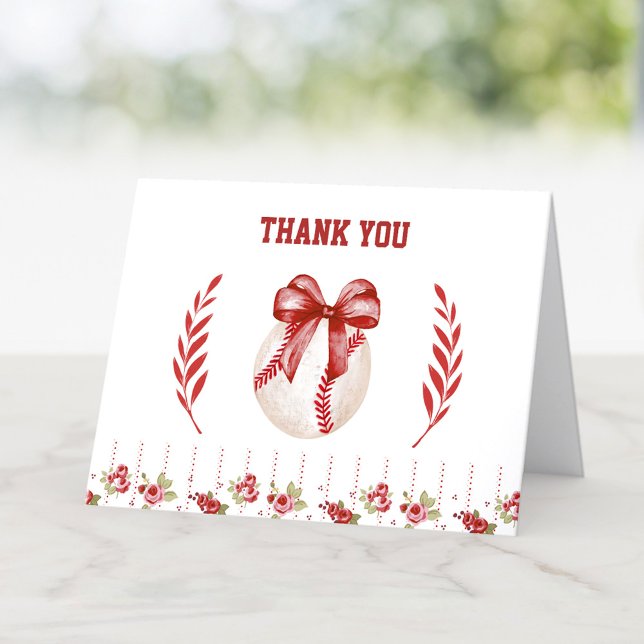 Coquette Baseball Red Bow Floral Modern Birthday Thank You Card (Coquette Baseball Red Bow Floral Modern Birthday Thank You Card)