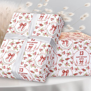 Coquette Baseball Red Bow Floral Modern Birthday  Wrapping Paper