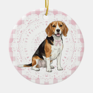Coquette Beagle Dog Pink Gingham Bows Ceramic Ornament