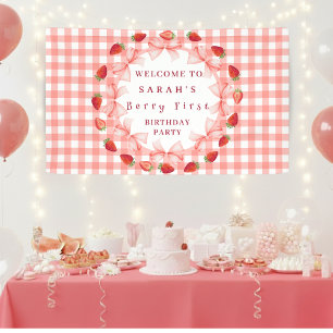 Coquette Berry First Birthday Red Gingham Banner