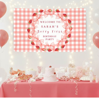 Coquette Berry First Birthday Red Gingham Banner