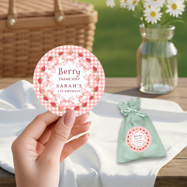 Coquette Berry First Birthday Red Gingham Classic Round Sticker (Coquette Berry First Birthday Red Gingham Classic Round Sticker)