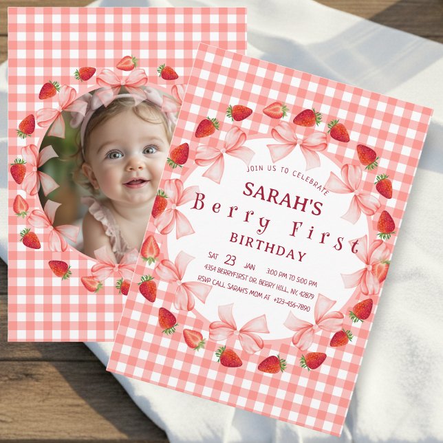 Coquette Berry First Birthday Red Gingham Photo Invitation (Coquette Berry First Birthday Red Gingham Photo Invitation)