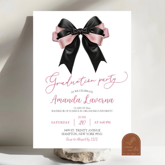 Coquette Black and Pink Bow Graduation Party Invitation (Creator Uploaded)