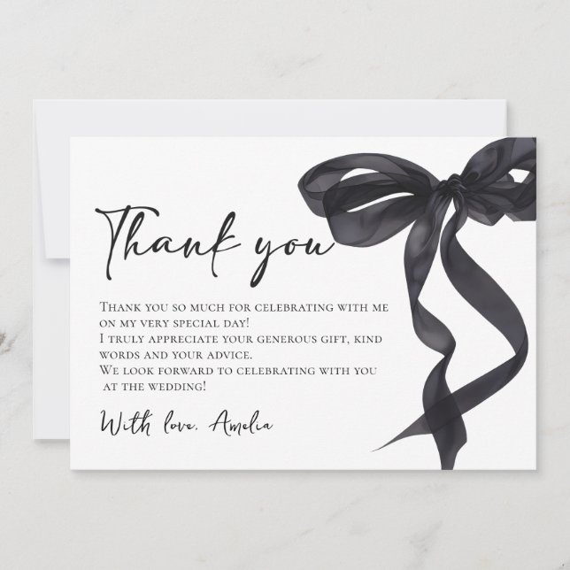 Coquette Black Bow Bridal Shower Thank You Card (Front)