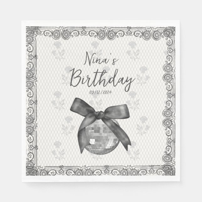 Coquette Black Bow & Disco Ball Elegant Birthday Napkin (Front)