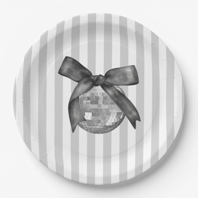 Coquette Black Bow & Disco Ball Elegant Birthday Paper Plate (Front)