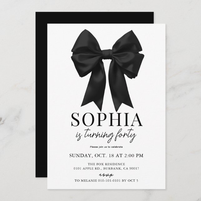 Coquette Black Bow Ribbon Adult Birthday Invitation (Front/Back)