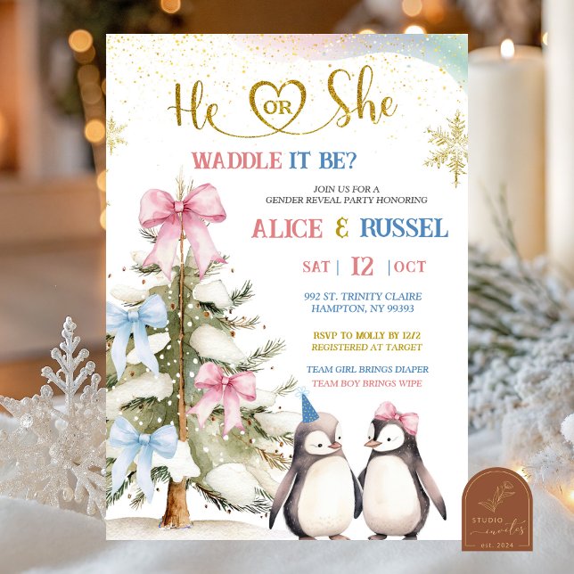 Coquette Blue and Pink Penguin Gender Reveal Invitation (Creator Uploaded)