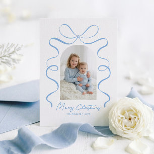 Coquette Blue Bow Minimalist Holiday Family Photo Card