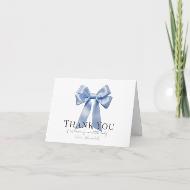 Coquette Blue Bow Ribbon Boy Baby Shower Thank You Card (Front)
