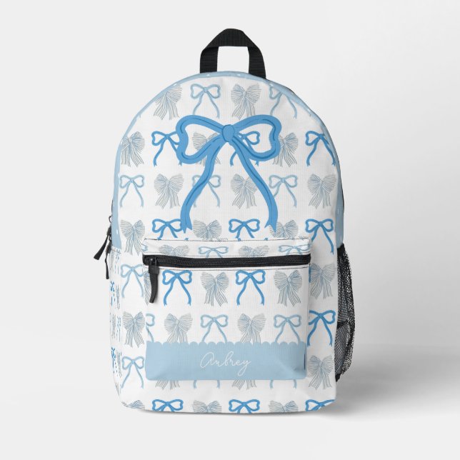 Coquette Blue Bow/Ribbon Pattern Printed Backpack (Front)