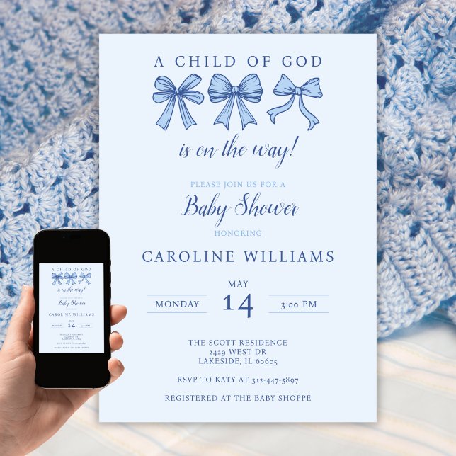 Coquette Blue Bows Christian Child of God Boy Invitation (Creator Uploaded)