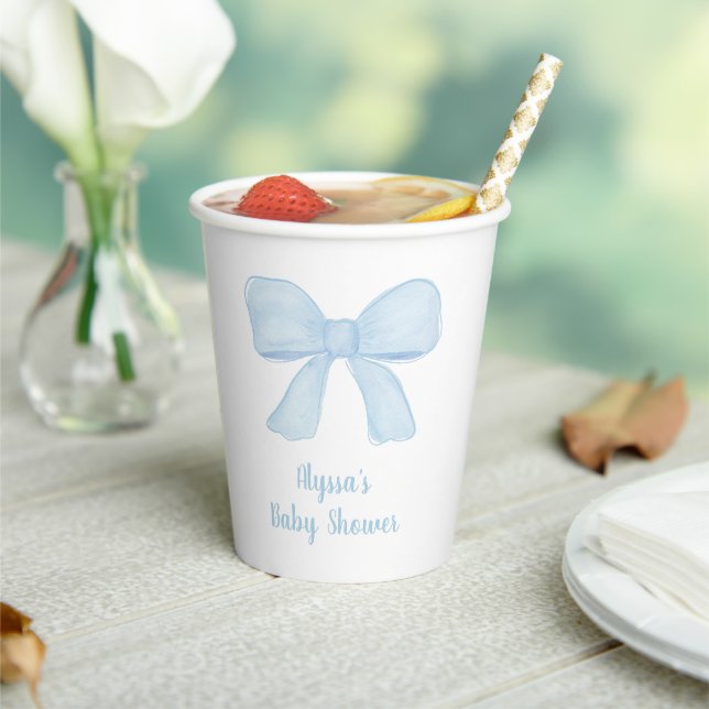 Coquette Blue Boy Bow Baby Shower Paper Cups (Insitu)