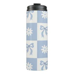 Coquette Blue Chequered Bow and Floral Coordinated Thermal Tumbler