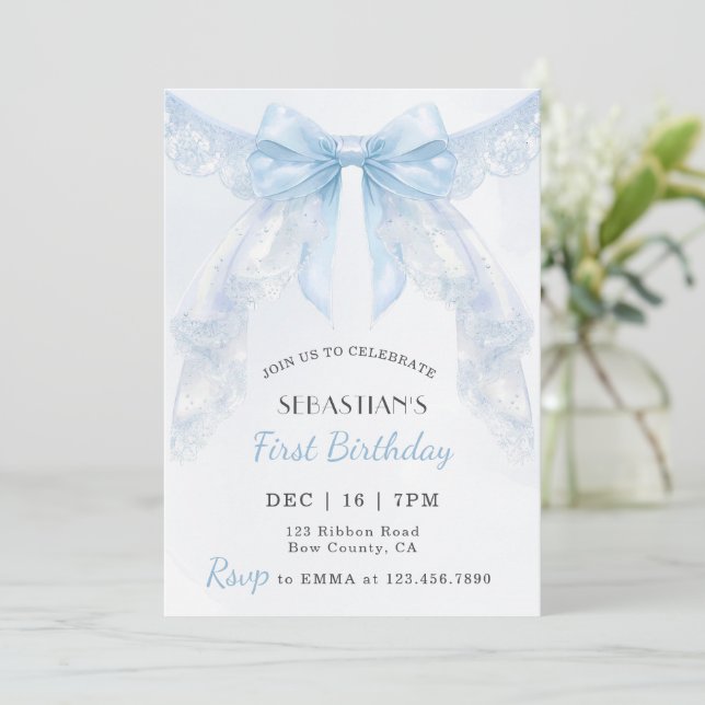Coquette Blue Lace Bow Boy First Birthday Invitation (Standing Front)