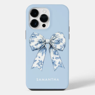 Coquette Blue Watercolor Toile Bow with White Name iPhone 14 Pro Max Case