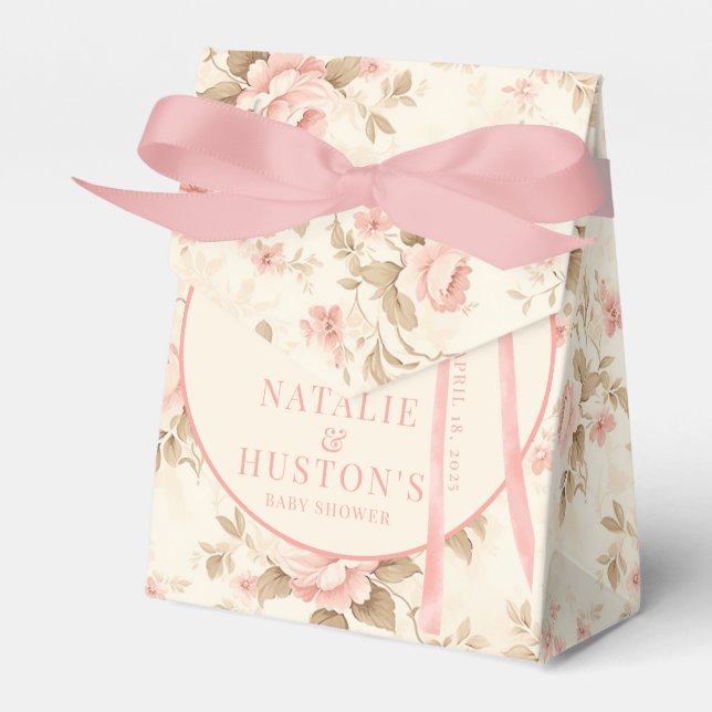 Coquette Blush Pink Bow Floral Baby Shower Custom Favour Box (Front Side)
