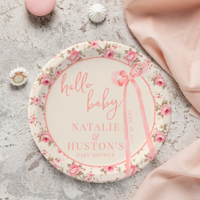 Coquette Blush Pink Bow Floral Baby Shower Custom Paper Plate (Creator Uploaded)