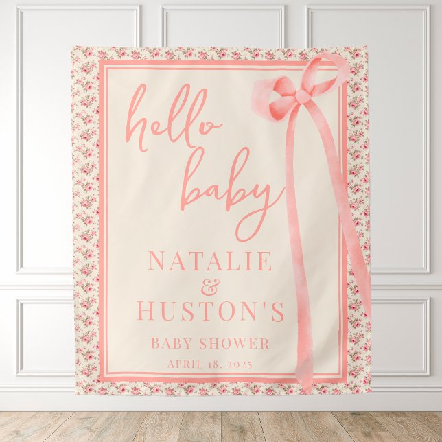 Coquette Blush Pink Bow Floral Baby Shower Welcome Tapestry (Creator Uploaded)