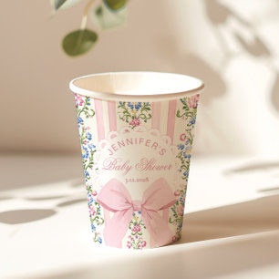 Coquette Blush Pink Bow Rose Baby Shower Paper Cups