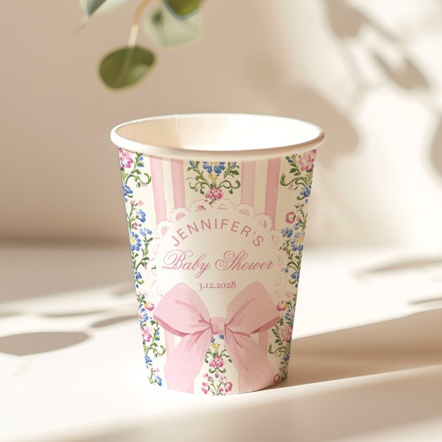 Coquette Blush Pink Bow Rose Baby Shower Paper Cups (Creator Uploaded)