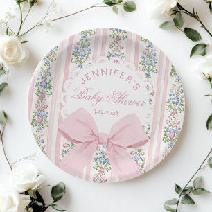 Coquette Blush Pink Bow Rose Baby Shower Paper Plate