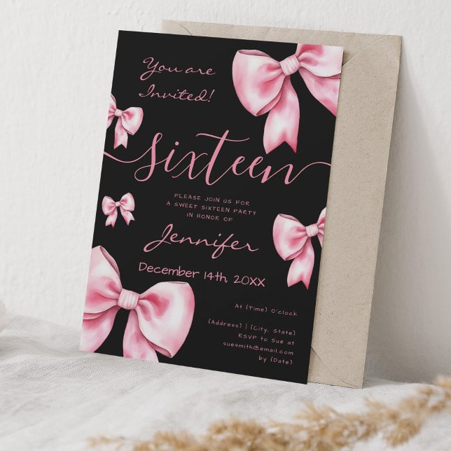 Coquette Blush Pink Bow Sweet 16 Party Black Invitation (Coquette Blush Pink Bow Sweet 16 Party Black Invitation)