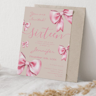 Coquette Blush Pink Bow Sweet 16 Party Champagne Invitation