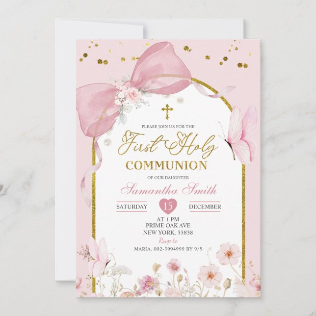 Coquette Blush Pink Butterfly First Holy Communion Invitation (Front)