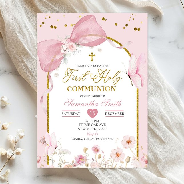Coquette Blush Pink Butterfly First Holy Communion Invitation (Creator Uploaded)