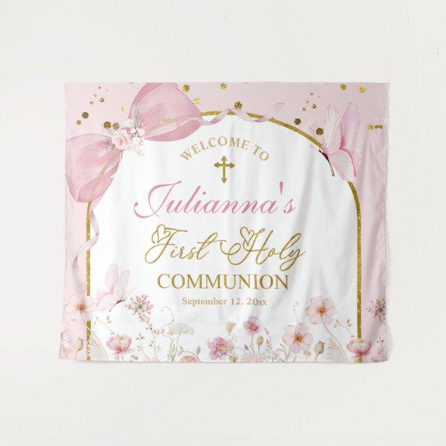 Coquette Blush Pink Butterfly First Holy Communion Tapestry (Front (Horizontal))