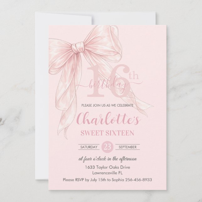Coquette Blush Pink Ribbon Bow 16th Birthday Invitation (Front)