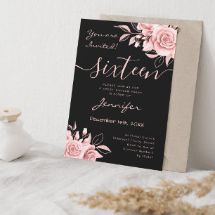 Coquette Blush Pink Sweet 16 Floral Black  Invitation