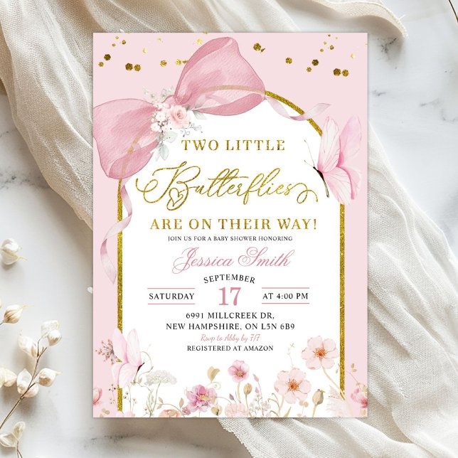 Coquette Blush Pink Twins Butterfly Baby Shower Invitation (Creator Uploaded)