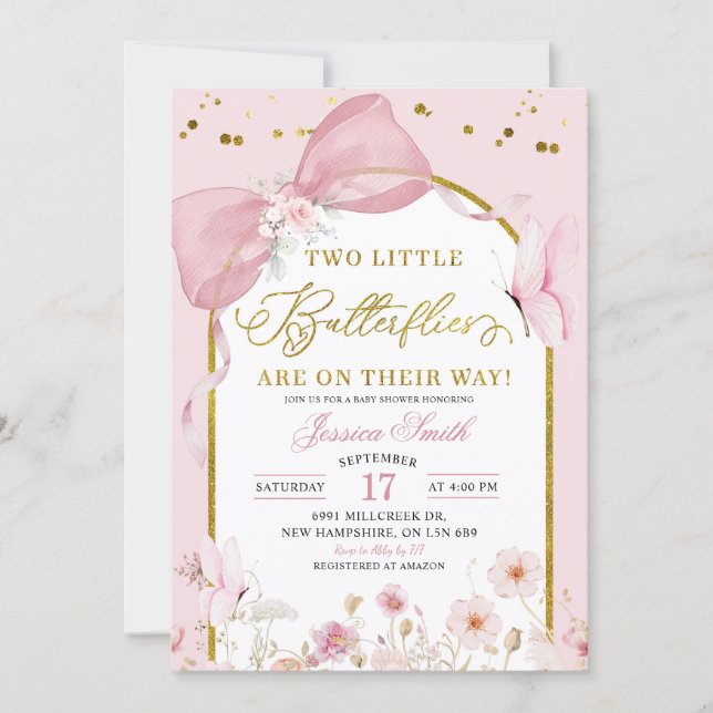 Coquette Blush Pink Twins Butterfly Baby Shower Invitation (Front)