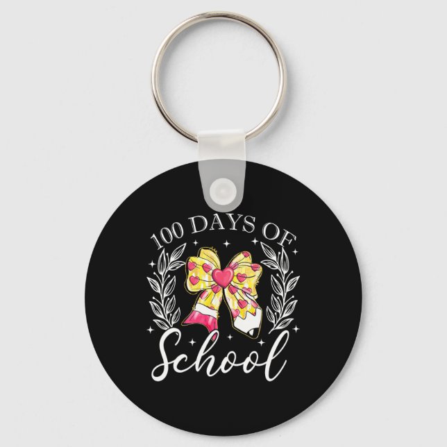 Coquette Bow 100 Days Of School Pencil Bow Teacher Key Ring (Front)