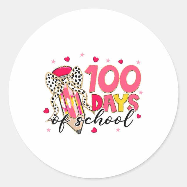 Coquette Bow 100 Days Of School Pencil Girls Kids  Classic Round Sticker (Front)
