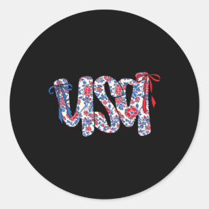 Coquette Bow 4th Of July Usa Floral Usa For Women Classic Round Sticker