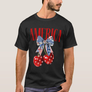 Coquette Bow America Cherry Us Flag 4th Of July Pa T-Shirt