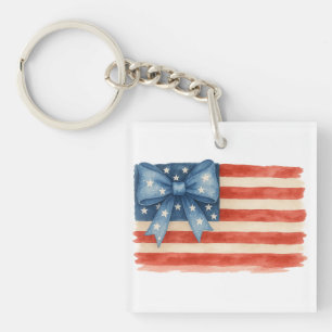 Coquette Bow American Flag Watercolor 4th of July Key Ring