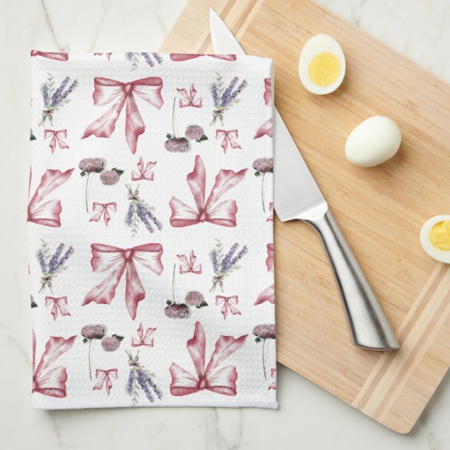 Coquette Bow and Floral Print - Soft Pink Tea Towel (Quarter Fold)