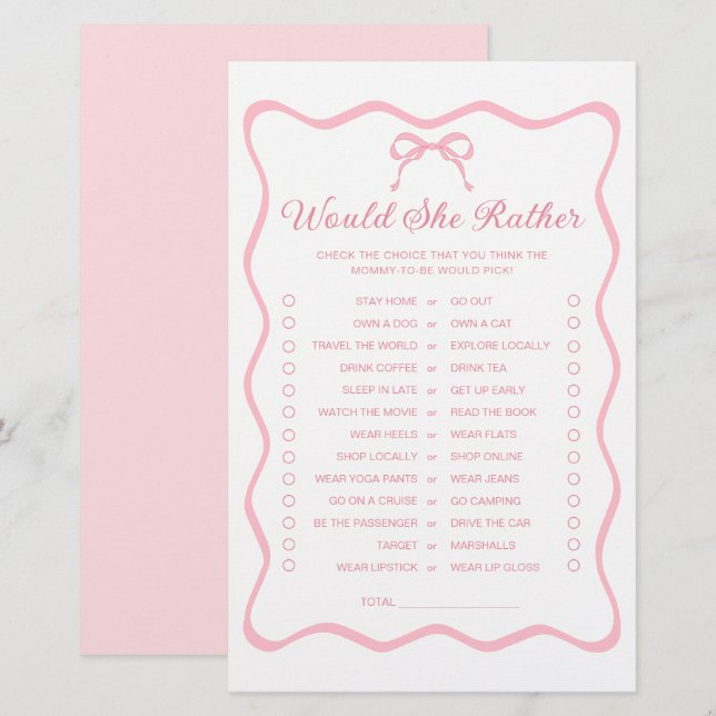 Coquette Bow Baby Shower Would She Rather Game (Front/Back)