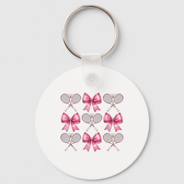 Coquette Bow Badminton Shuttle Racket Pink Ribbon  Key Ring (Front)