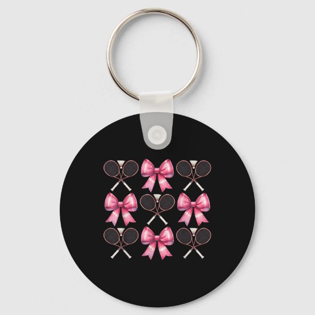 Coquette Bow Badminton Shuttle Racket Pink Ribbon  Key Ring (Front)