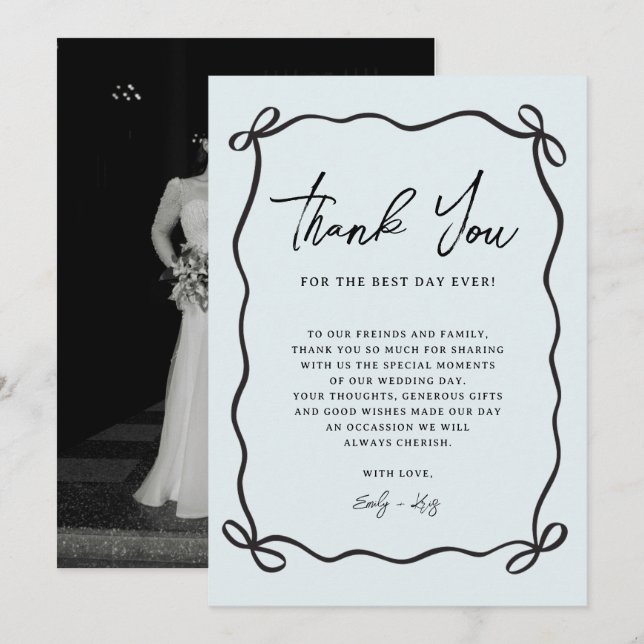 Coquette Bow Blue Wedding Photo Thank You Card (Front/Back)