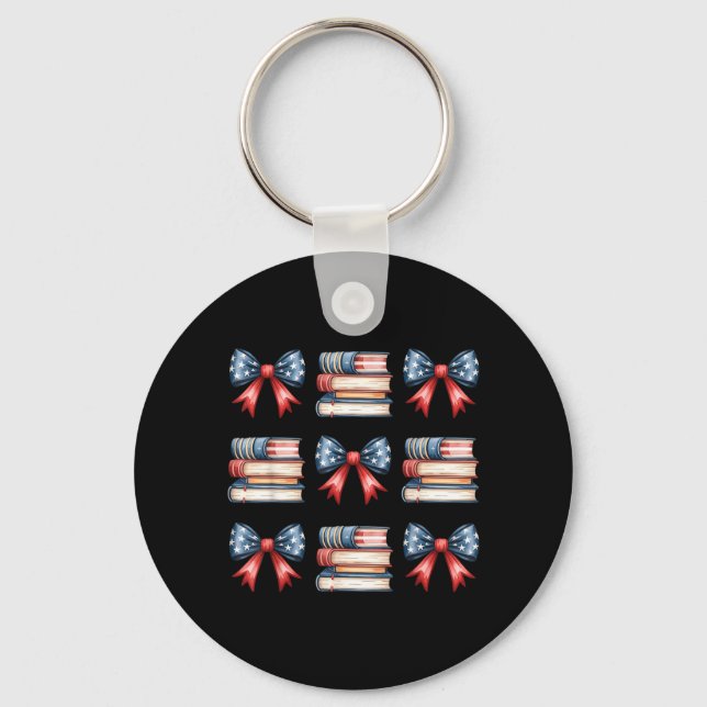 Coquette Bow Book Flag 4th of July Librarian Key Ring (Front)