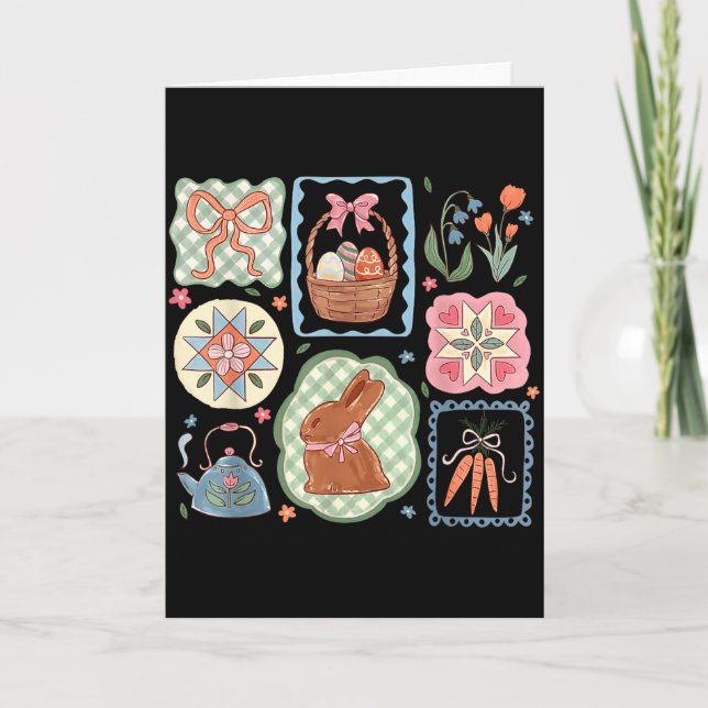 Coquette Bow Bunny Eggs Funny Rabbit Flower Happy  Card (Front)
