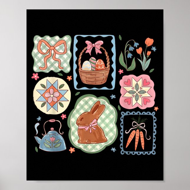 Coquette Bow Bunny Eggs Funny Rabbit Flower Happy  Poster (Front)