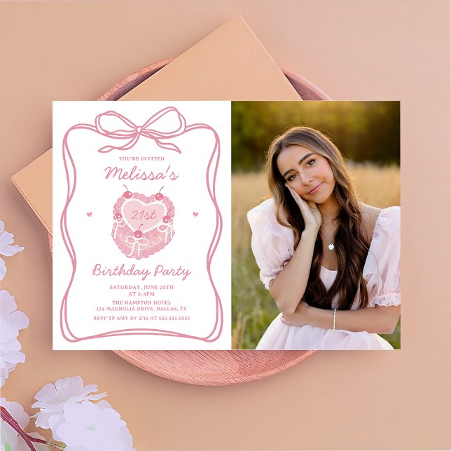 Coquette bow Cake birthday Photo invitation (Creator Uploaded)